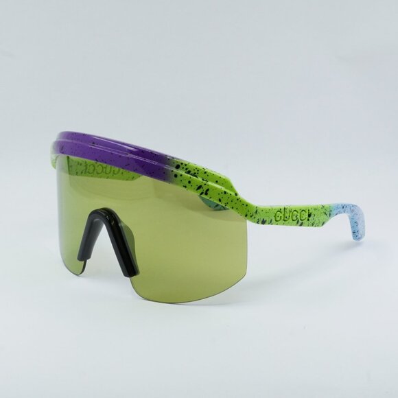 Gucci GG1477S 001 Sunglasses Violet Shaded Green Shield Frame,Light Green Lenses - Picture 1 of 11